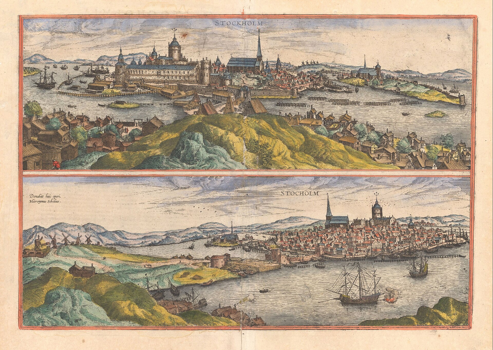 Bird's-eye views of Stockholm (north and south), from Braun & Hogenberg's Civitates Orbis Terrarum (Frans Hogenberg, c.1570), Stockholm