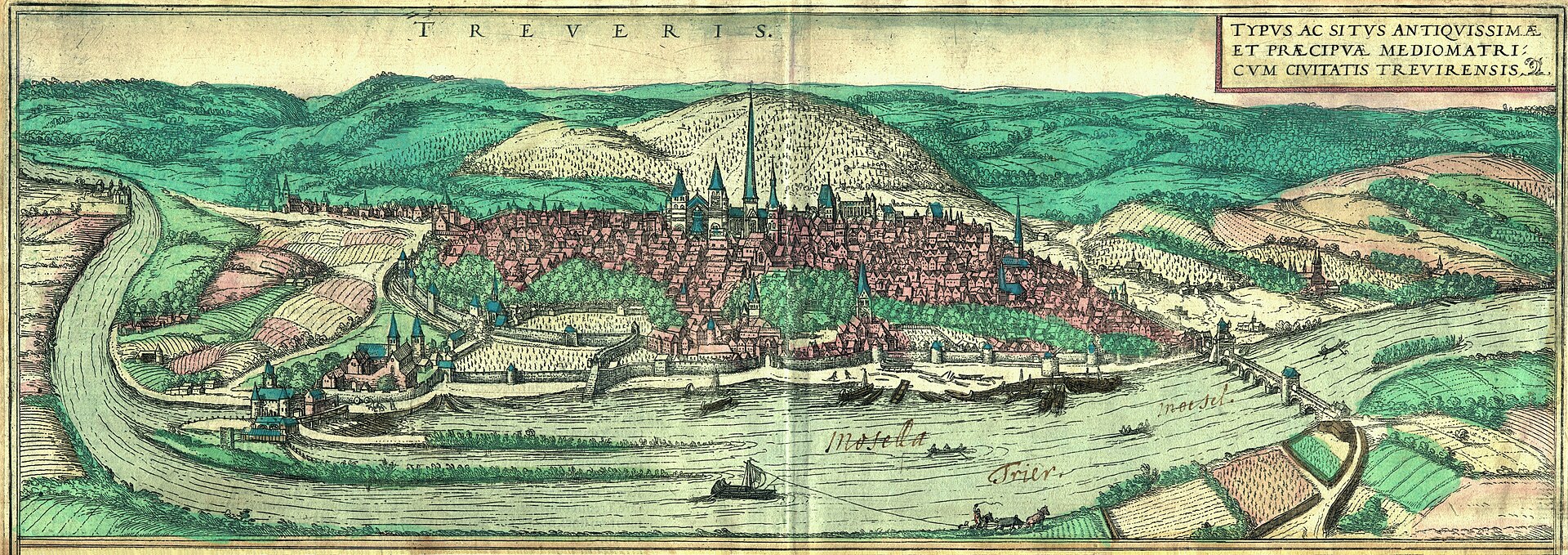 Bird's-eye view of Trier, from Georg Braun & Frans Hogenberg's Civitates Orbis Terrarum, Trier