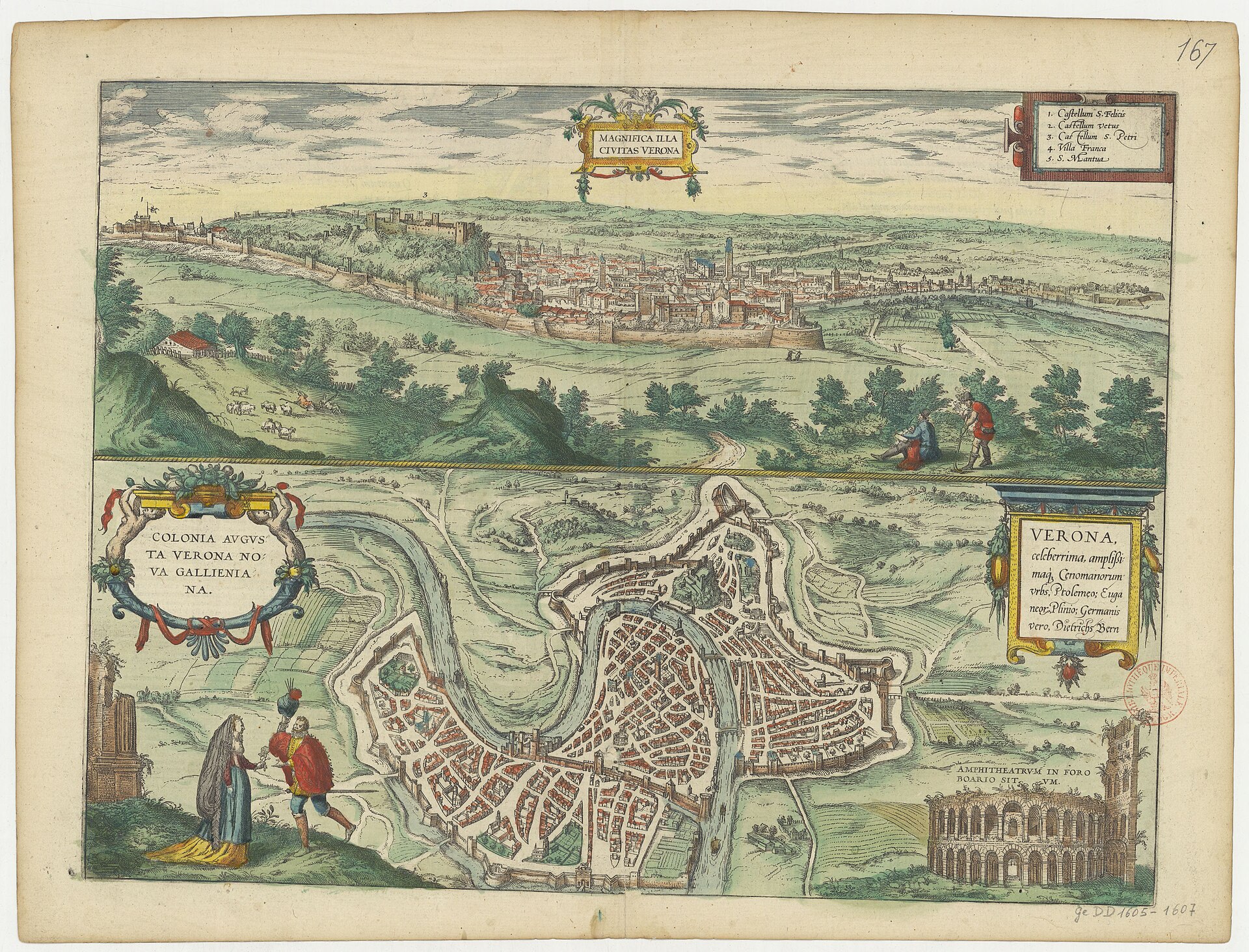 Bird's-eye view and plan of Verona, from Braun & Hogenberg's Civitates Orbis Terrarum, Verona