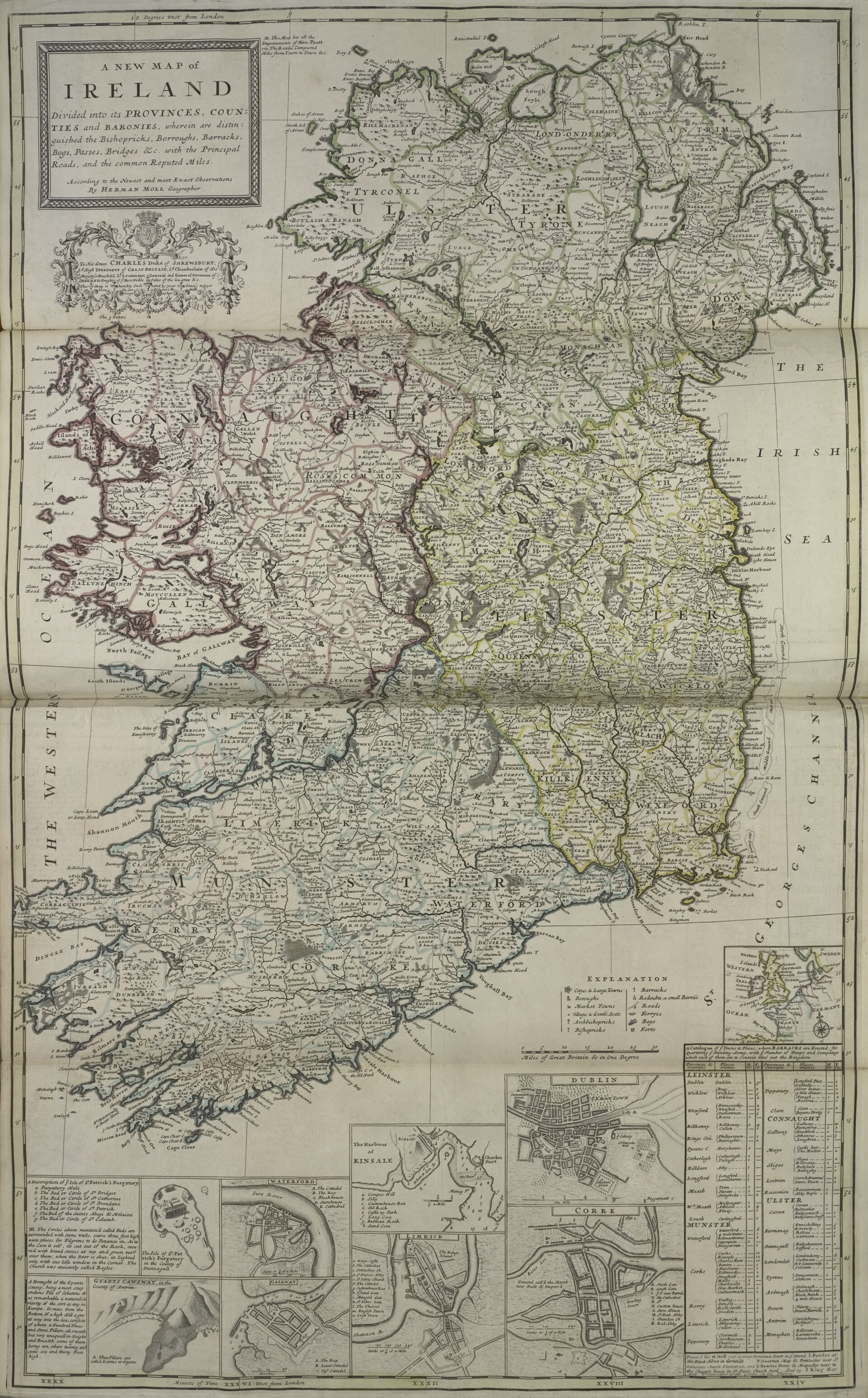 A New Map of Ireland, with inset town plans including Waterford — Herman Moll — Waterford