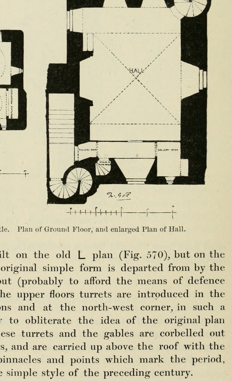 Fig. 570.—Craigievar Castle. Plan of Ground Floor, and enlarged Plan of Hall., Craigievar Castle