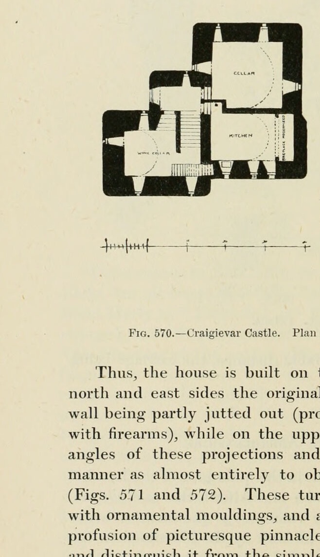 Fig. 570.—Craigievar Castle. Plan of Ground Floor, and enlarged Plan of Hall., Craigievar Castle