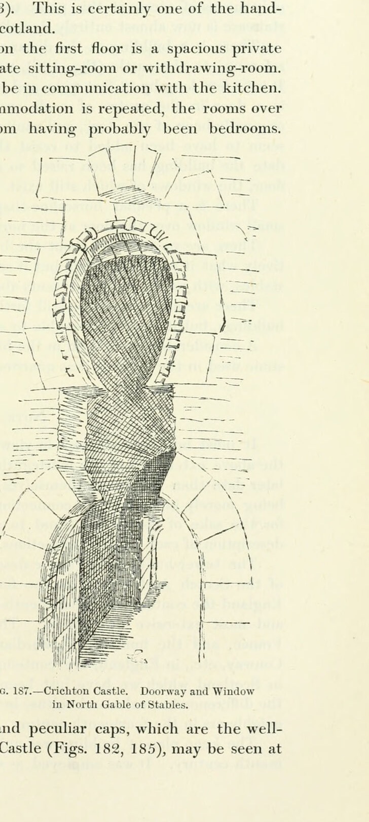 FIG. 187. — Crichton Castle. Doorway and Window in North Gable of Stables., Crichton Castle