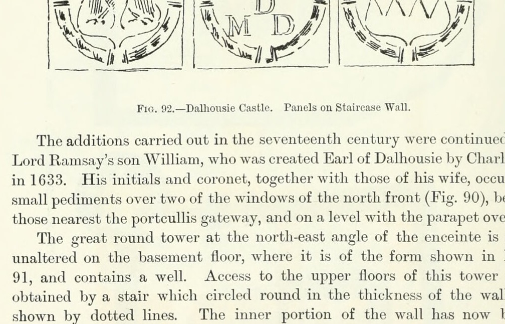 Fig. 92. — Dalhousie Castle. Panels on Staircase Wall., Dalhousie Castle