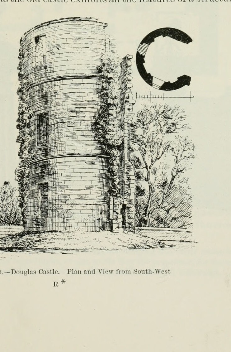 Fig. 1373. — Douglas Castle. Plan and View from South-West, Douglas Castle