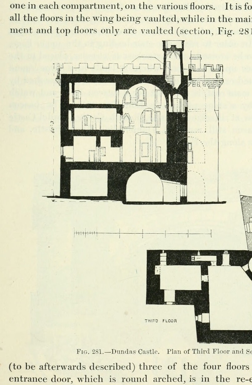 Fig. 281. — Dundas Castle. Plan of Third Floor and Section., Dundas Castle