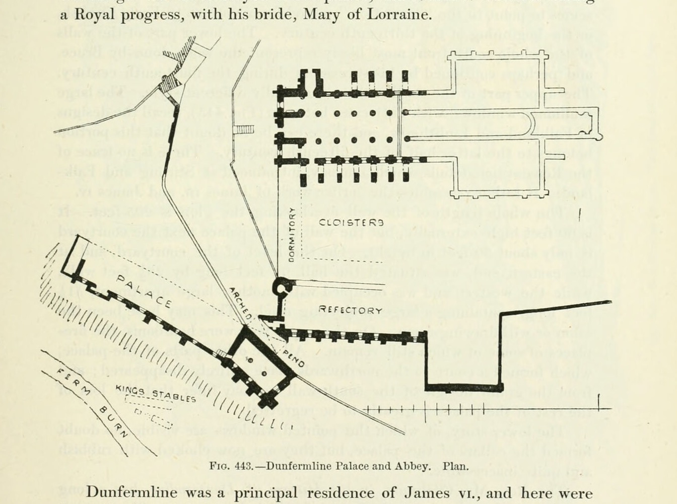 Fig. 443. — Dunfermline Palace and Abbey. Plan., Dunfermline Palace