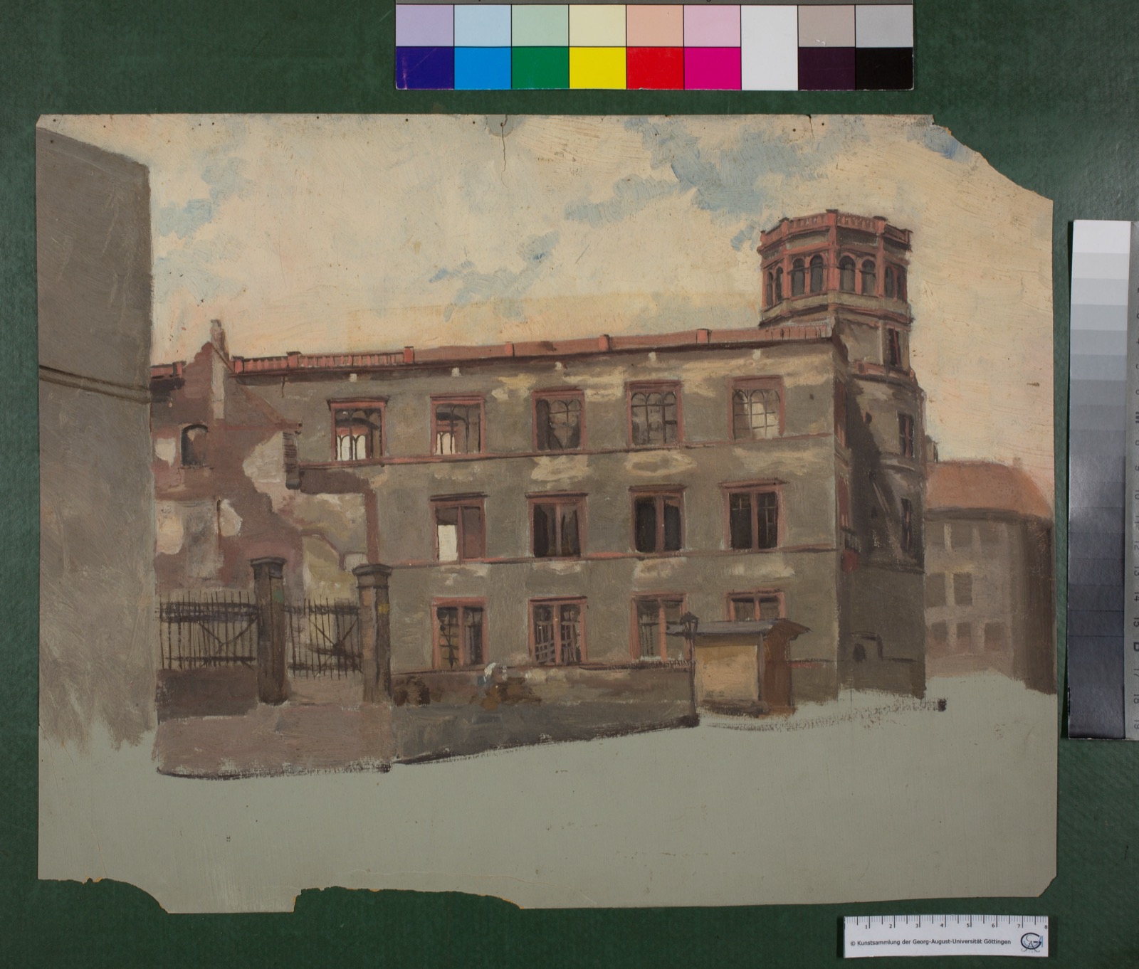 Blick auf das Düsseldorfer Schloss mit Schlossturm nach dem Brand 1872, Düsseldorfer Schloss