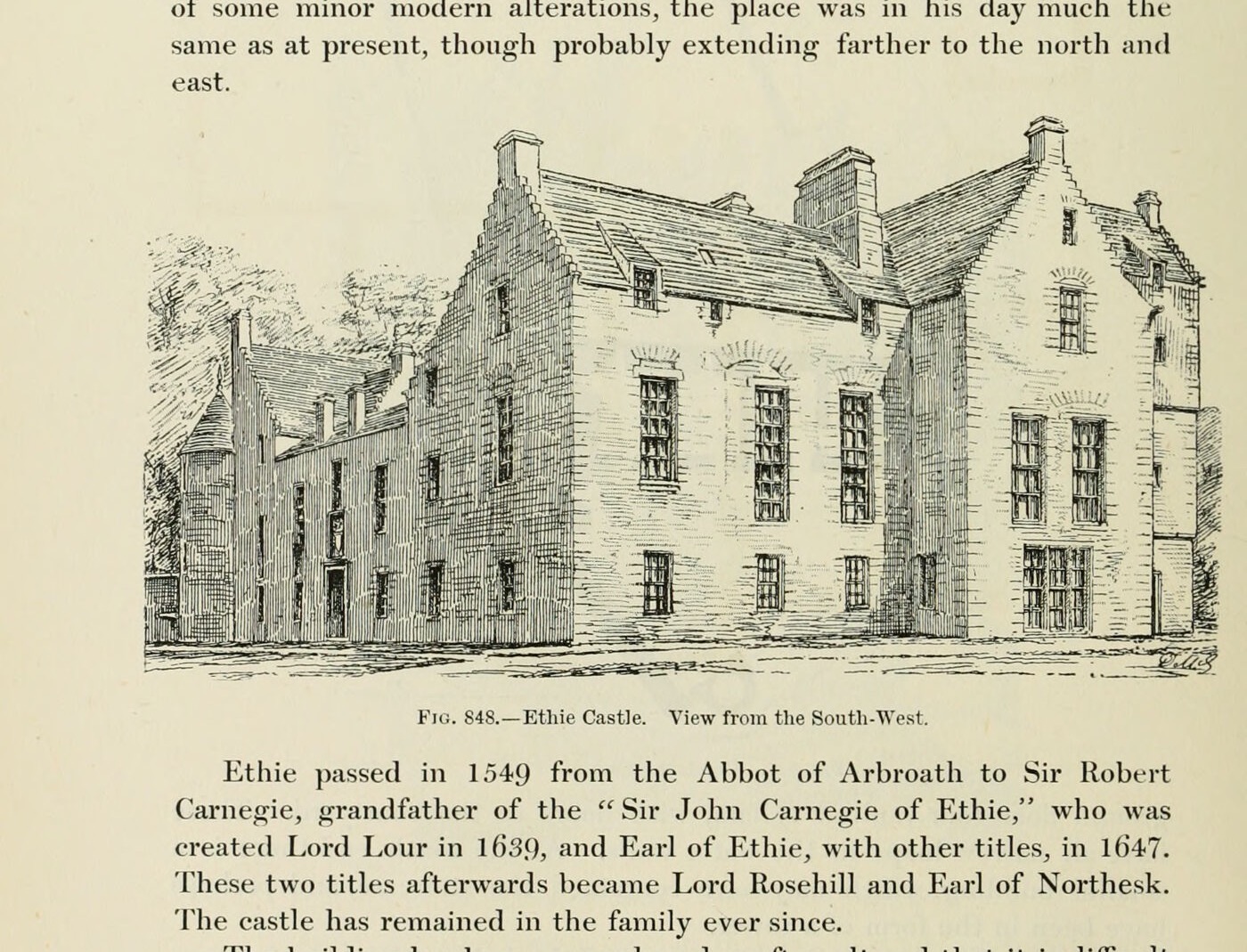 Fig. 848. —Ethie Castle. View from the South-West., Ethie Castle