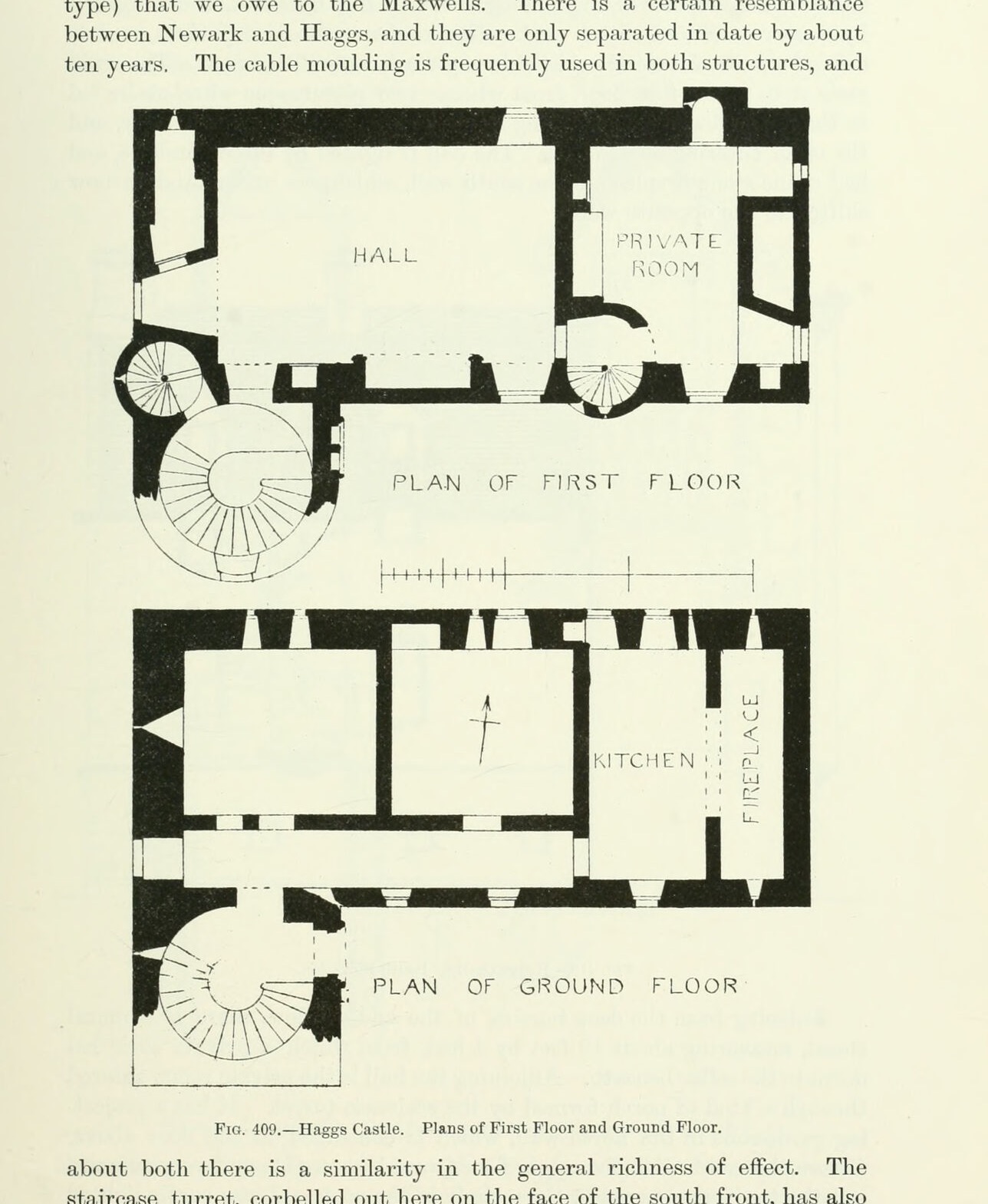 Fig. 409. — Haggs Castle. Plans of First Floor and Ground Floor., Haggs Castle