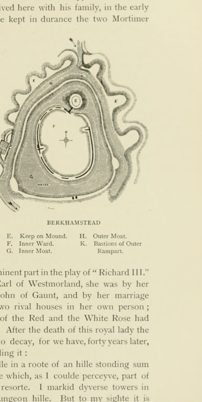 BERKHAMSTEAD. E. Keep on Mound. F. Inner Ward. G. Inner Moat. H. Outer Moat. K. Bastions of Outer Rampart., Hertford Castle
