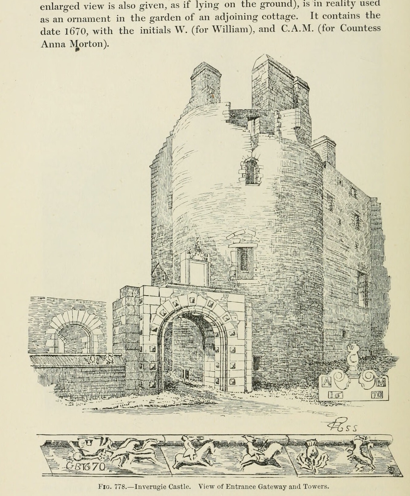 Fig. 778. — Inverugie Castle. View of Entrance Gateway and Towers., Inverugie Castle
