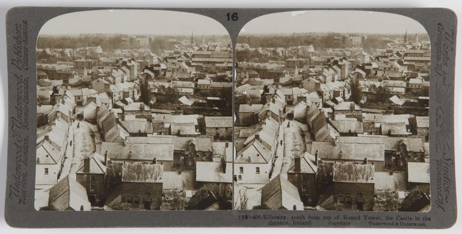 Stereoskopi. Kilkenny, Irland. Utsyn over bybebyggelse., Kilkenny Castle
