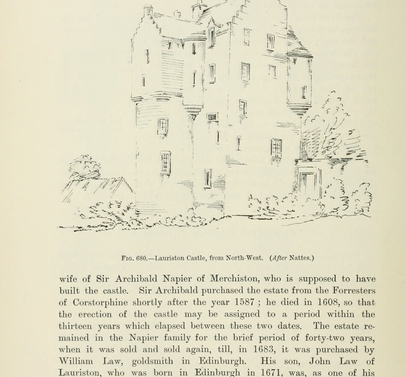 Fig. 680. — Lauriston Castle, from North-West. (After Nattes.), Lauriston Castle