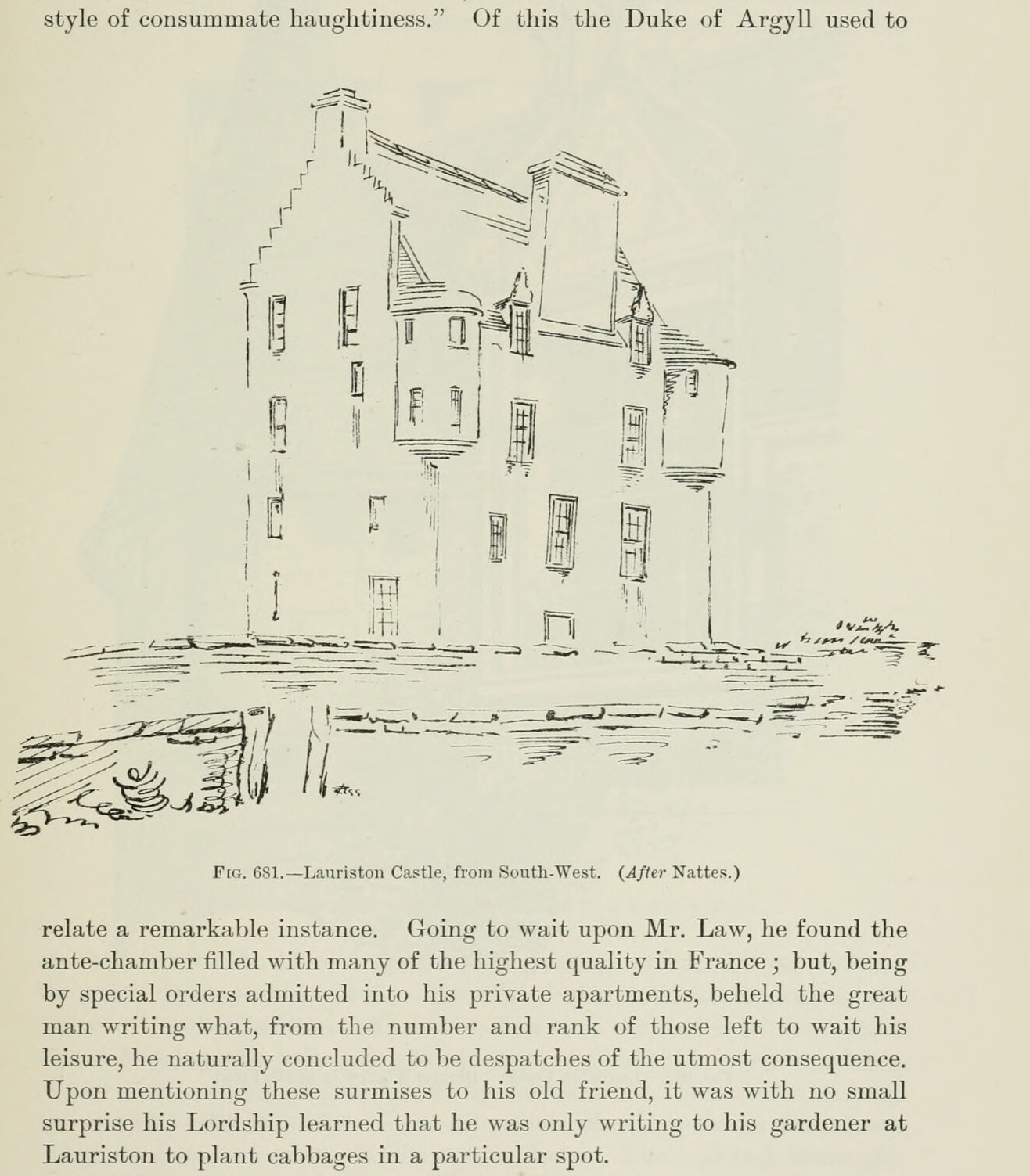Fig. 681.—Lauriston Castle, from South-West. (After Nattes.), Lauriston Castle