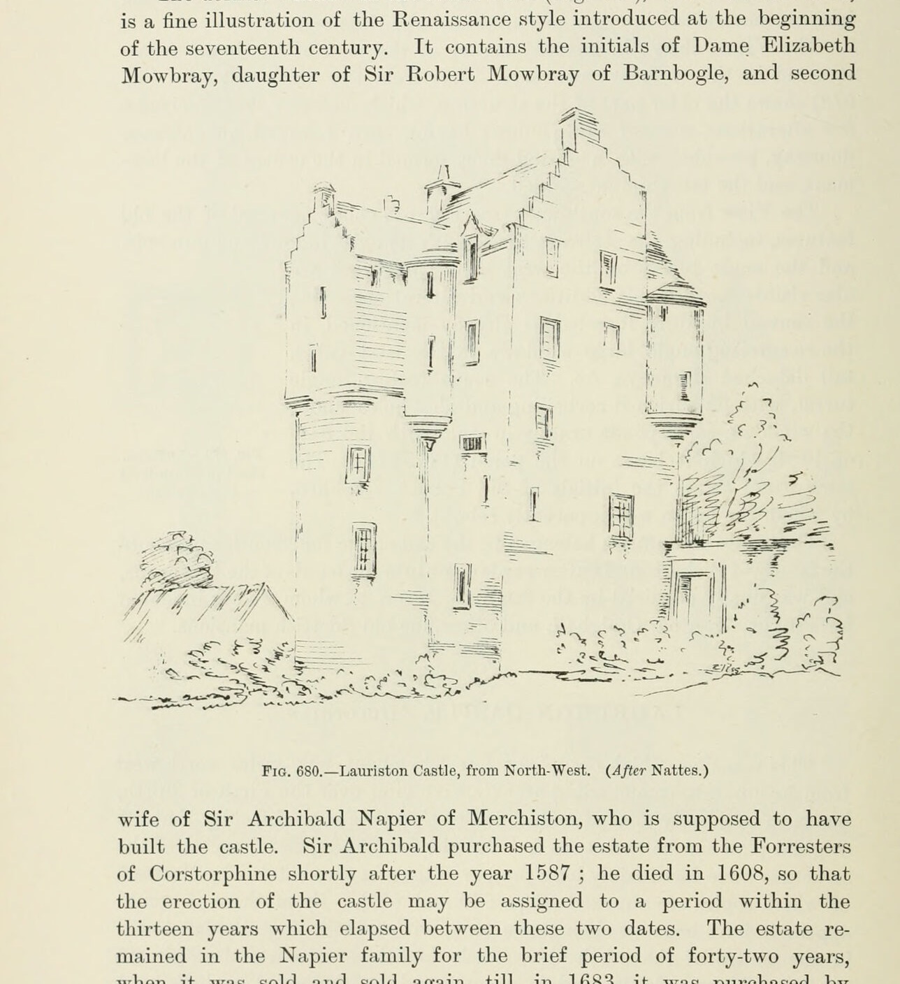 Fig. 680.—Lauriston Castle, from North-West. (After Nattes.), Lauriston Castle