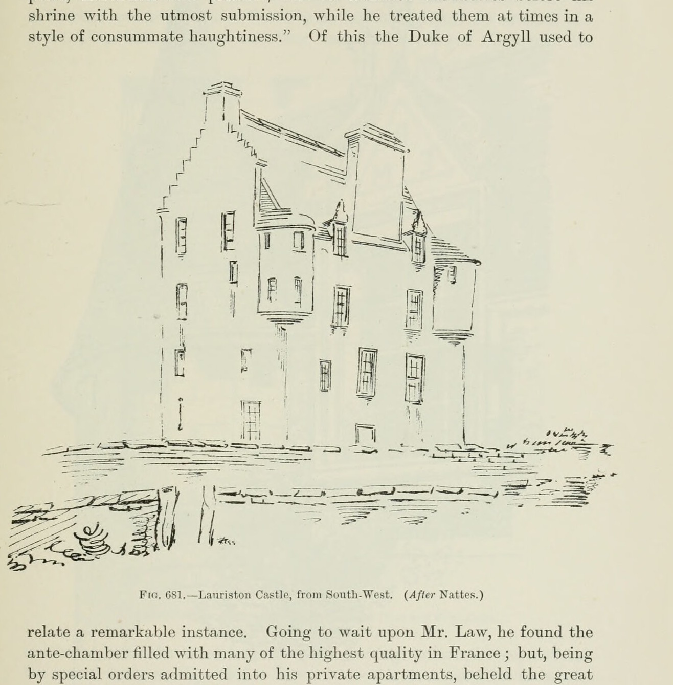 Fig. 681. — Lauriston Castle, from South-West. (After Nattes.), Lauriston Castle