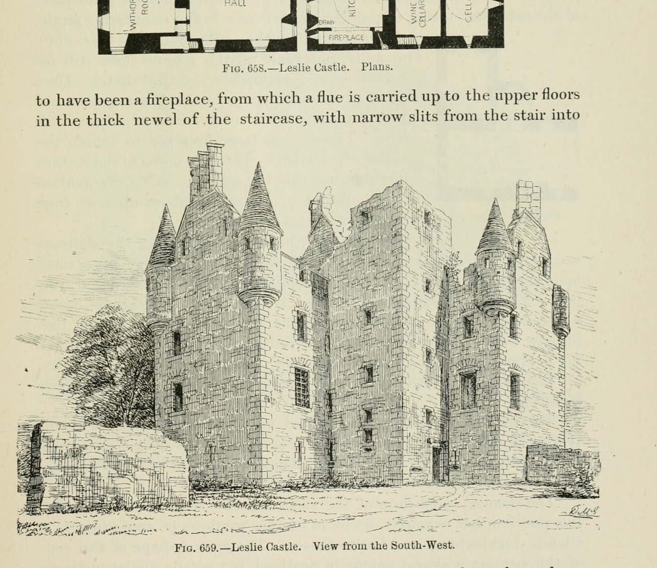 Fig. 659.—Leslie Castle. View from the South-West., Leslie Castle