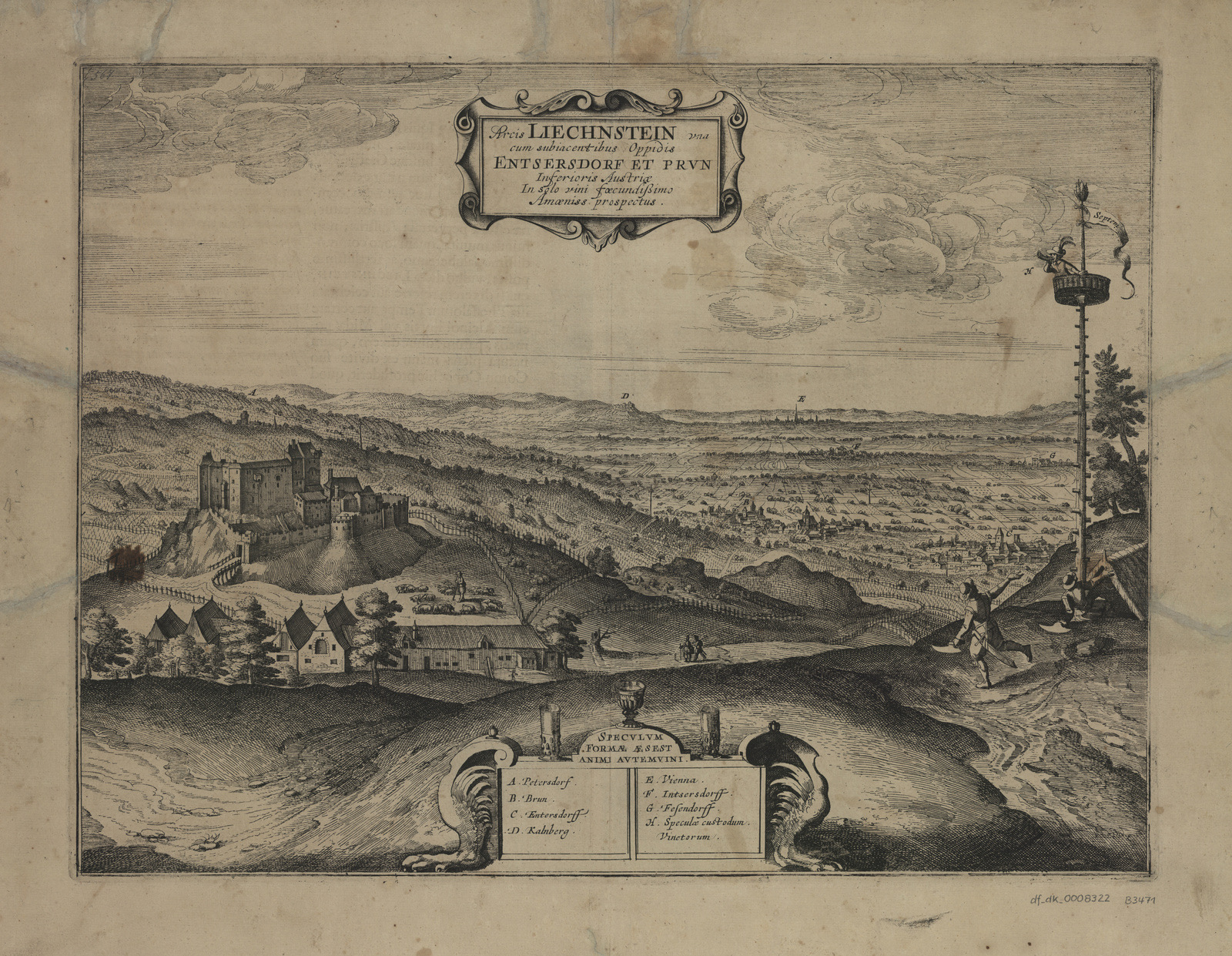 Bird’s show of Liechtenstein Castle near Maria Enzersdorf, etching, 1657, Liechtenstein Castle