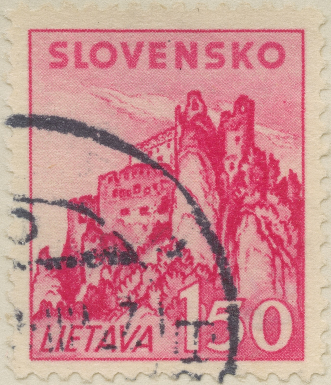 Frimärke ur Gösta Bodmans filatelistiska motivsamling, påbörjad 1950.
Frimärke från Slovakiet, 1941. Motiv av , Lietava Castle