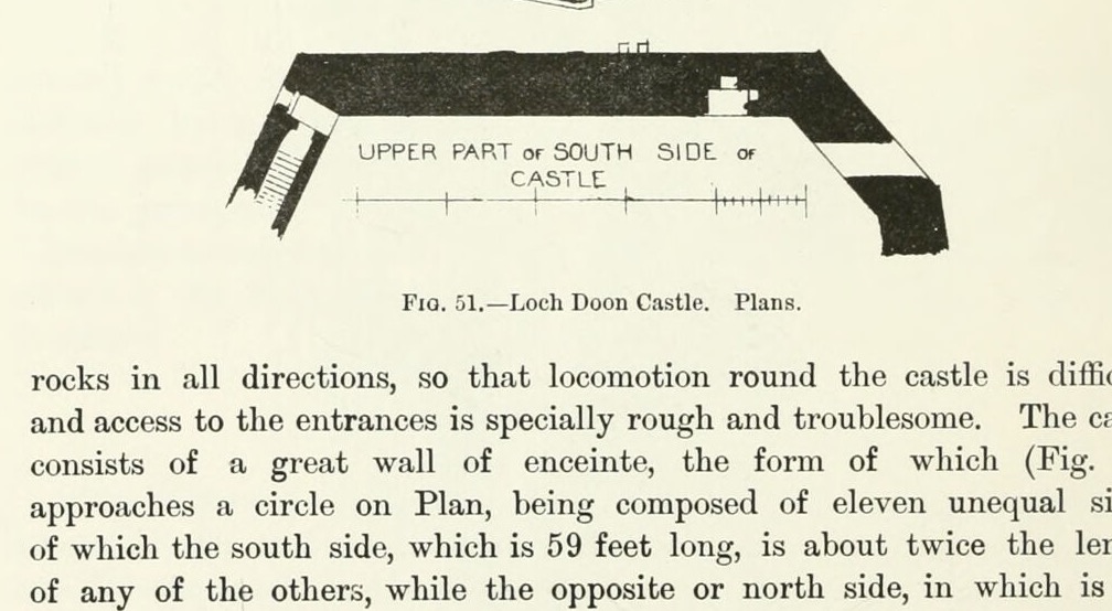 UPPER PART of SOUTH SIDE of CASTLE (label within drawing); Fig. 51.—Loch Doon Castle. Plans. (main caption), Loch Doon Castle