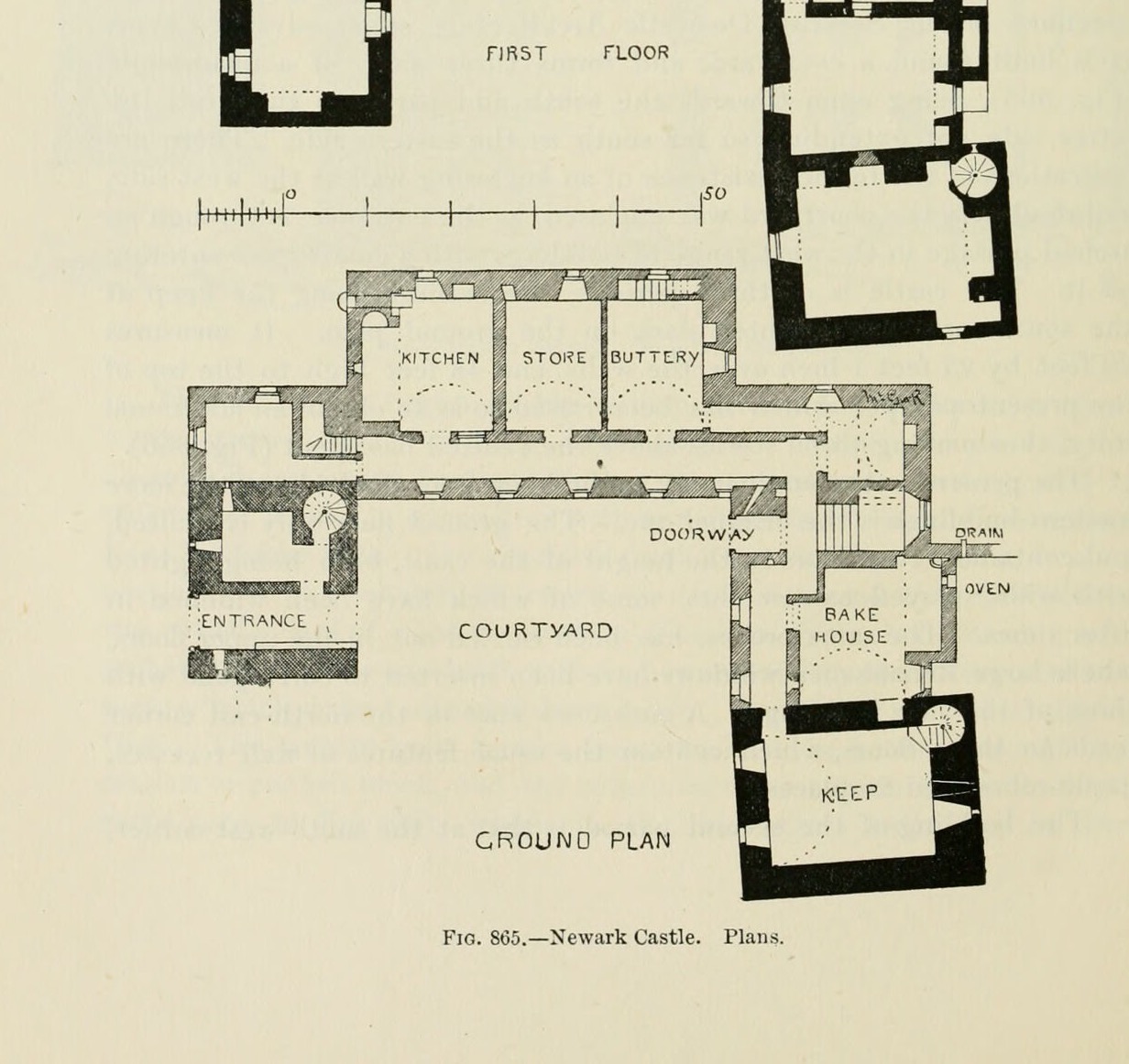 SECOND FLOOR / HALL / FIRST FLOOR (floor plans shown on the upper half of the page), Newark Castle