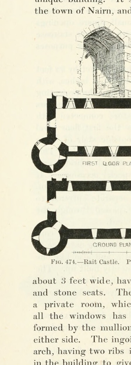 Fig. 474. — Rait Castle. Plans. (arched window/door detail at top of the plate), Rait Castle