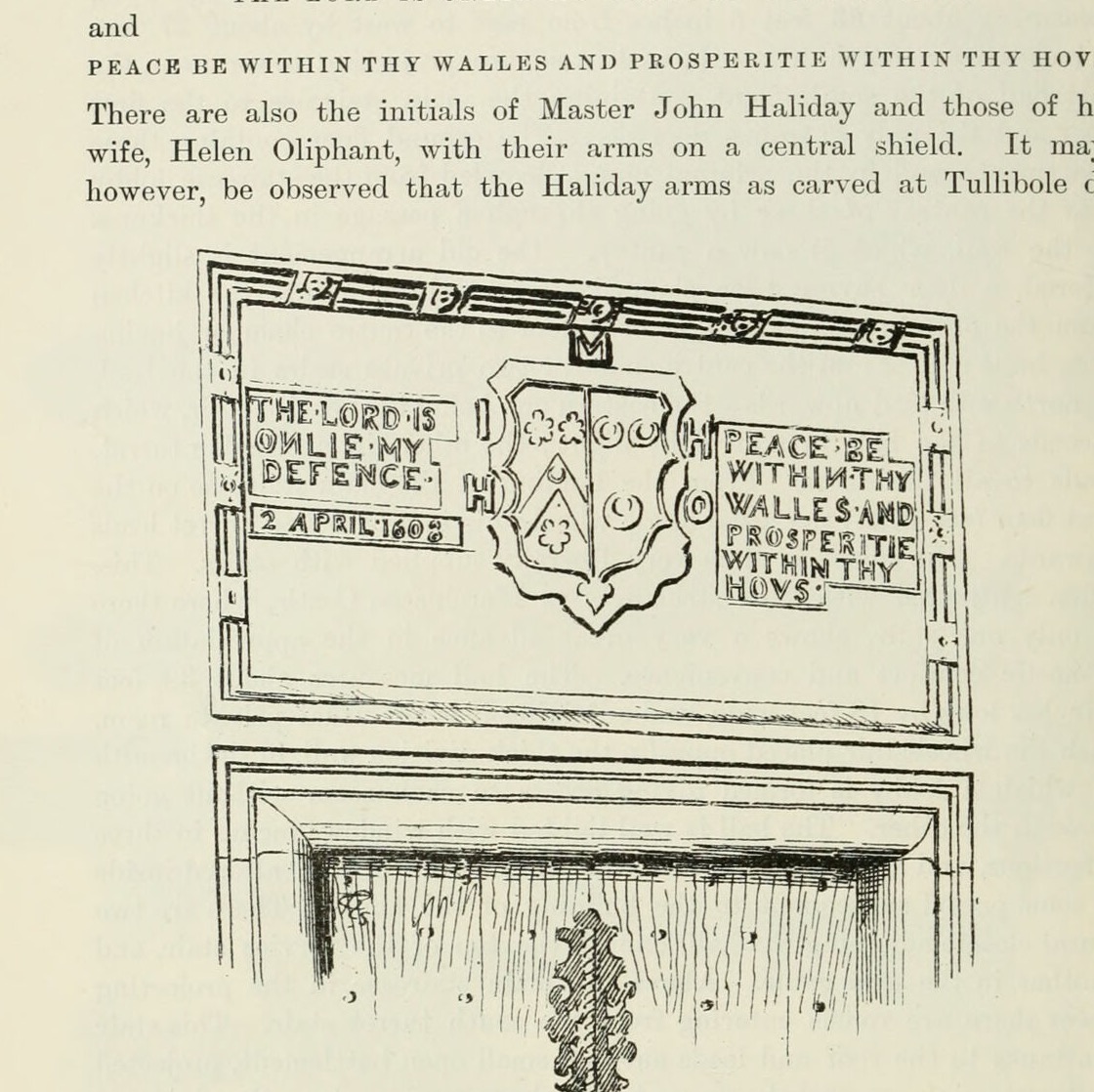 Fig. 695. — Tullibole Castle. Entrance Doorway, with Ornamental Panel above., Tullibole Castle