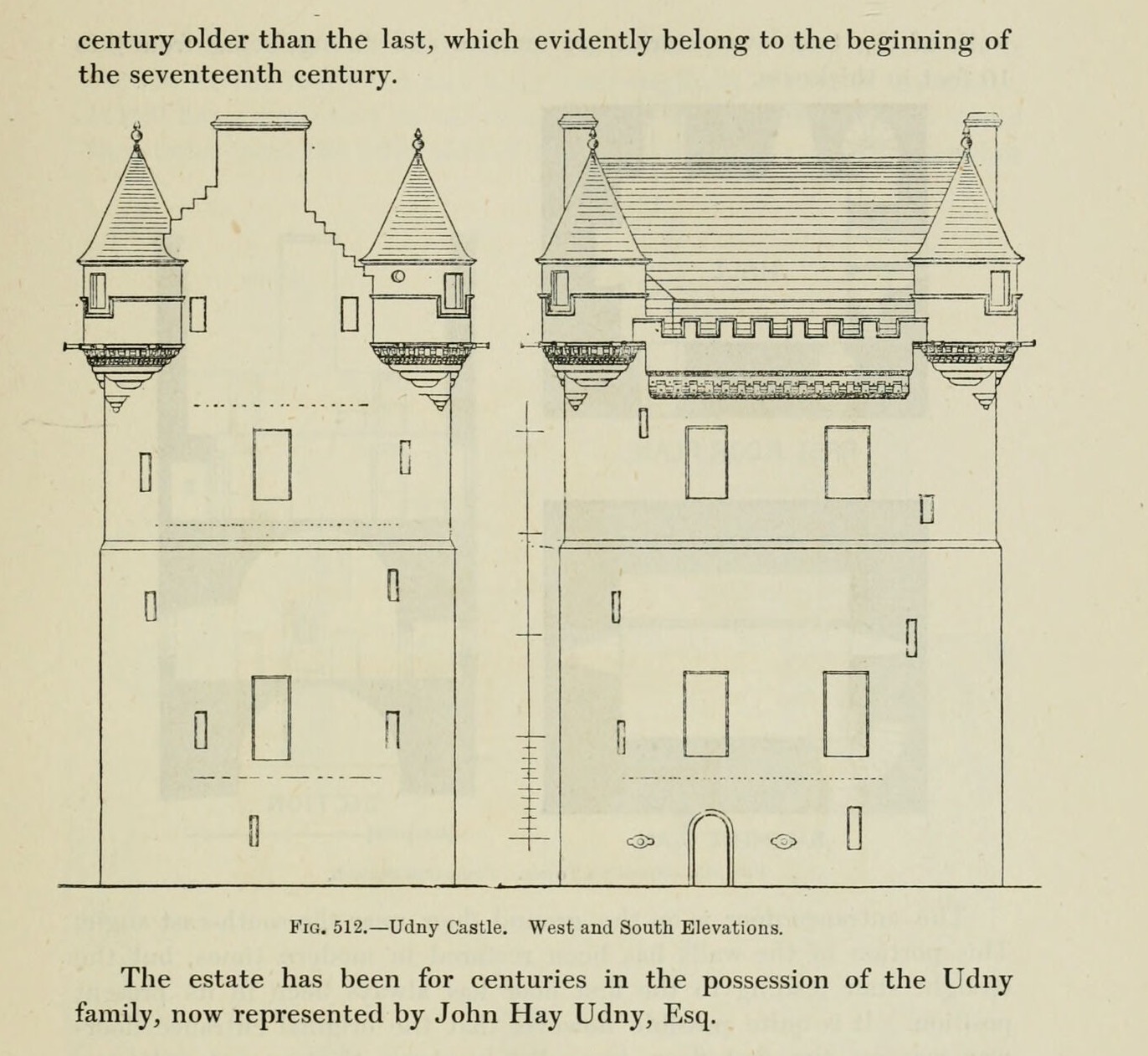 FIG. 512. — Udny Castle. West and South Elevations., Udny Castle
