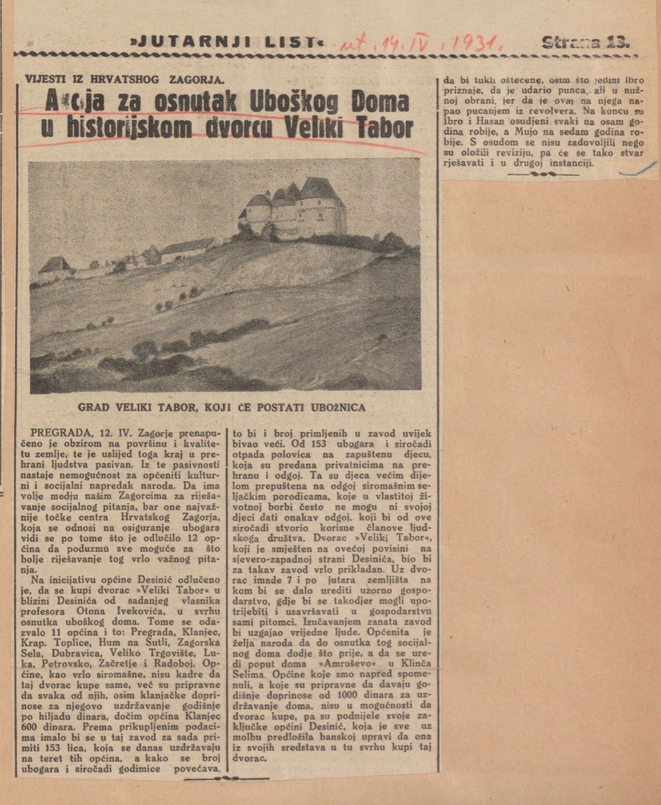 Akcija za osnutak Uboškog Doma u historijskom dvorcu Veliki Tabor, Veliki Tabor Castle