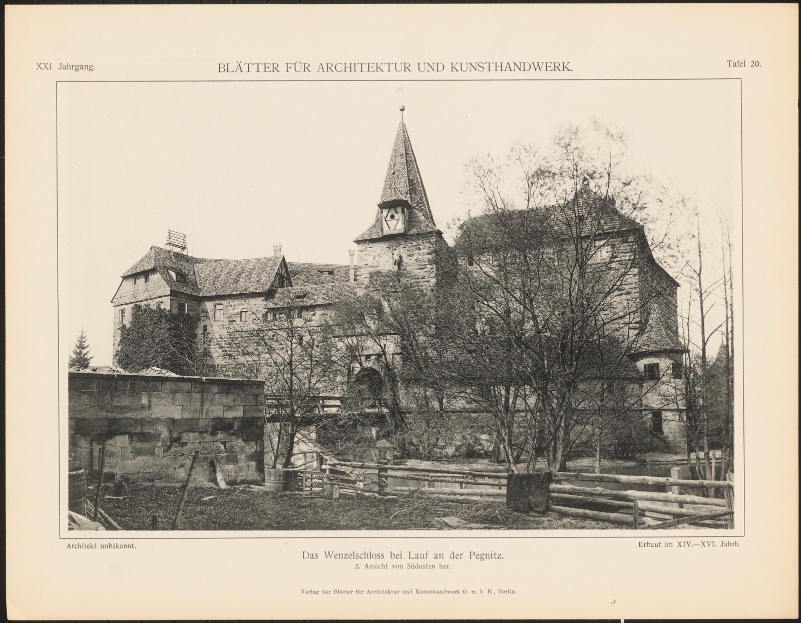 Wenzelschloss, Lauf: Ansicht von Südosten (aus: Blätter für Architektur und Kunsthandwerk, 21. Jg., 1908, Tafe, Wenzelschloss