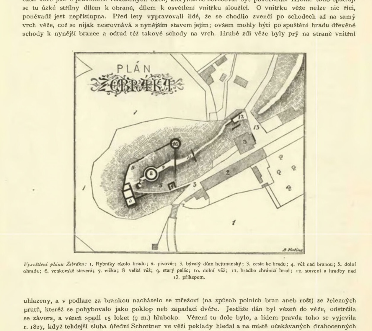 PLÁN ŽEBRÁKA (plan with legend). Legend line: "Vysvětlení plánu Žebráka: 1. Rybníky okolo hradu; 2. pivovar; 3. bývalý dům hejtmanský; 3. cesta ke hradu; 4. věž nad branou; 5. dolní ohrada; 6. venkovské staveni; 7. věžka; 8. velká věž; 9. starý palác; 10. dolní věž; 11. hradba chránící hrad; 12. stavení a hradby nad; 13. příkopem.", Žebrák Castle