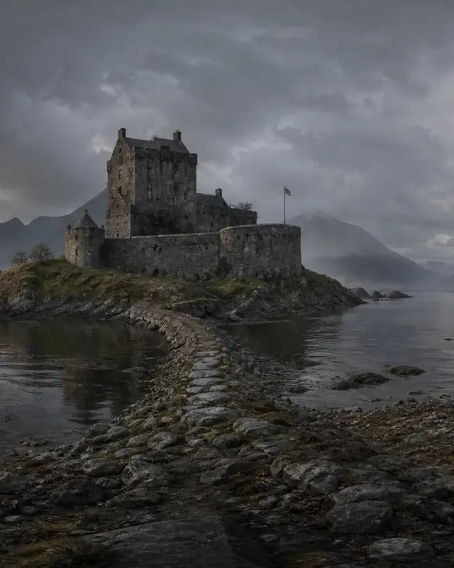 Eilean Donan castle on its loch, reconstructed as a photoreal scene