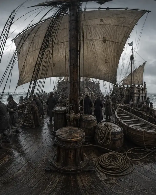 The Mayflower in 1620, reconstructed as a photoreal scene